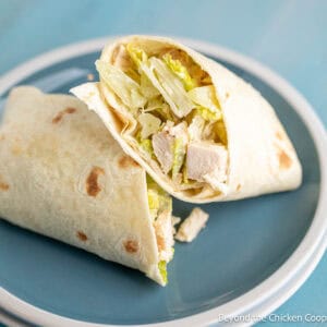 Chicken Caesar wrap on a blue and white plate.