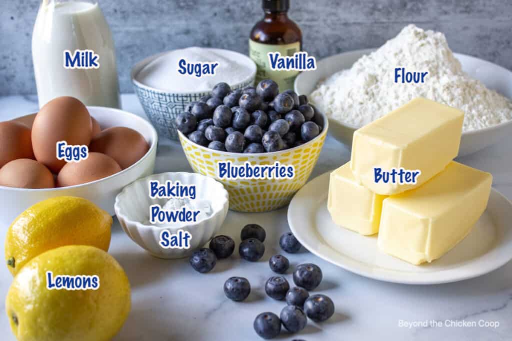 Ingredients for making a lemon blueberry bundt cake. 