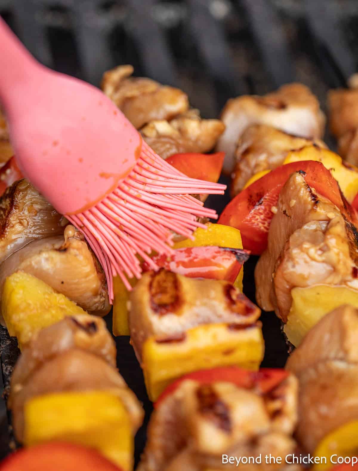 Basting sauce onto chicken skewers.