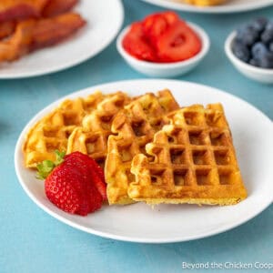 Buttermilk Waffles on a white plate.