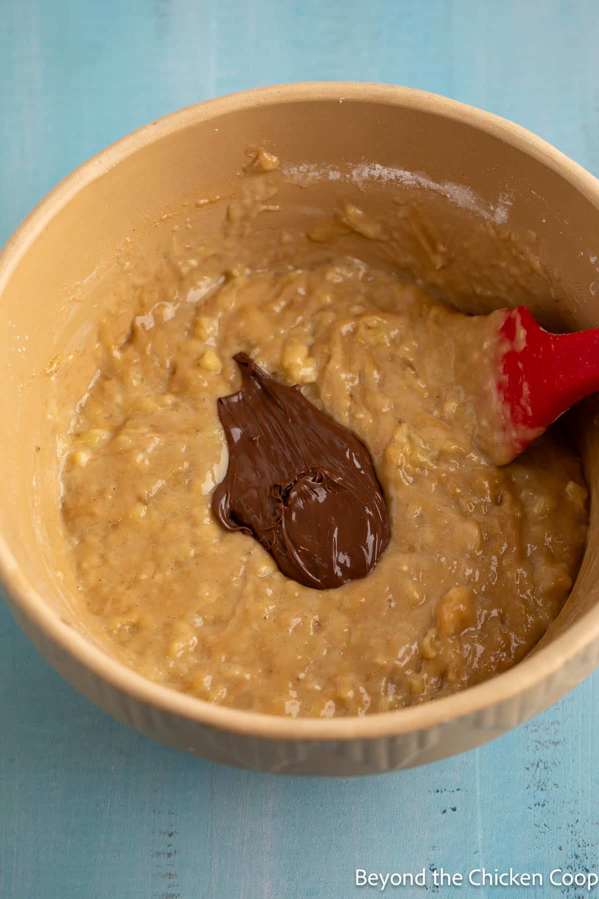 Hazelnut spread in muffin batter. 