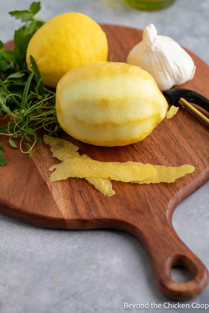 Lemon zest peeled with a vegetable peeler.