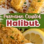 Halibut fillets on a baking sheet.