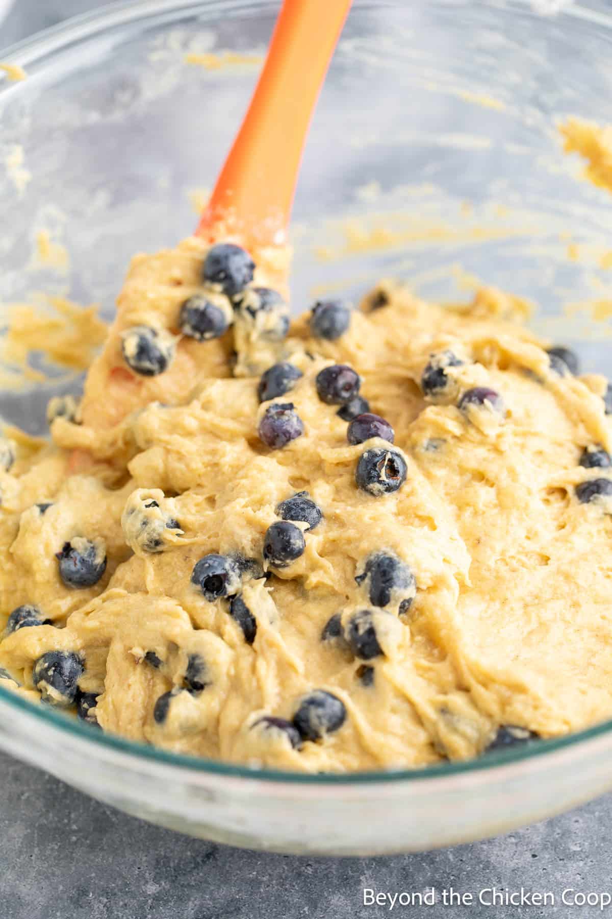 Folding fresh blueberries into quick bread batter. 