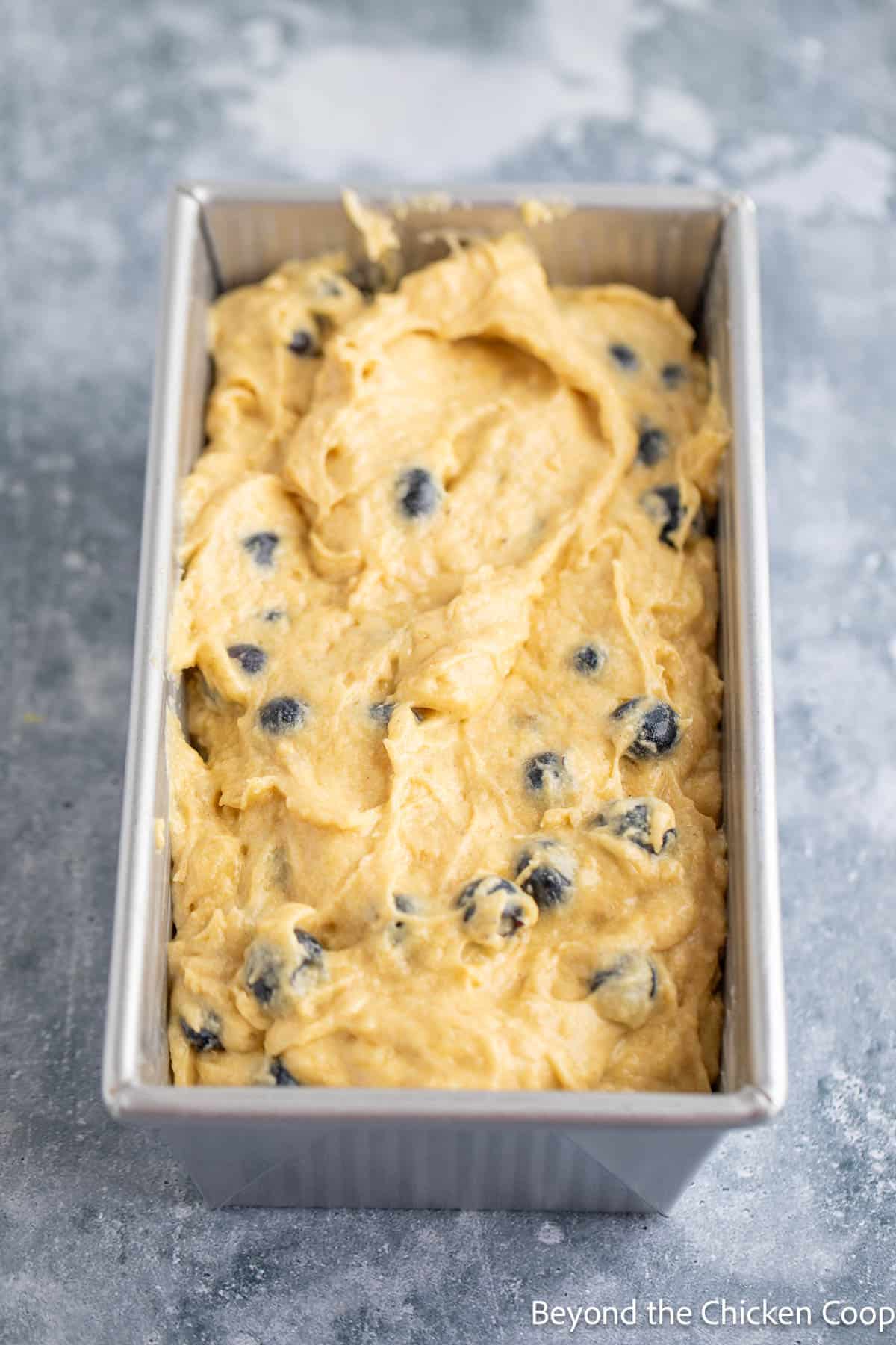 Banana Blueberry batter in a loaf pan. 