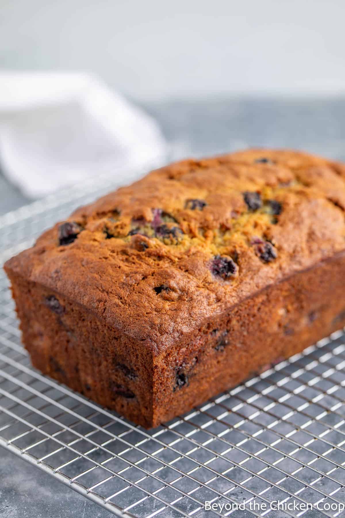 A loaf of banana bread with blueberries on a cooling rack. 