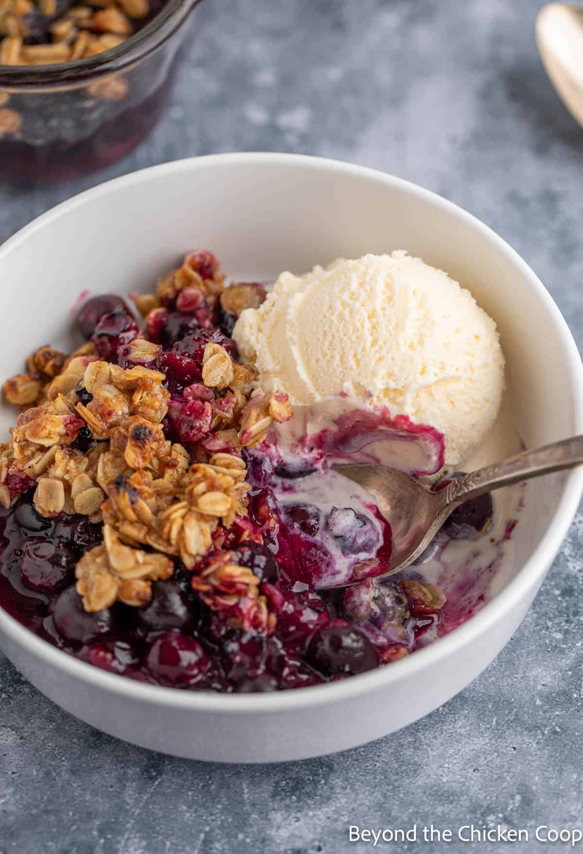 Blueberry dessert topped with oats and a scoop of ice cream. 
