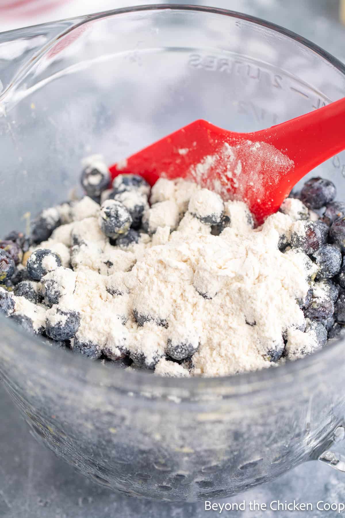 Blueberries in a mixing bowl topped with flour. 