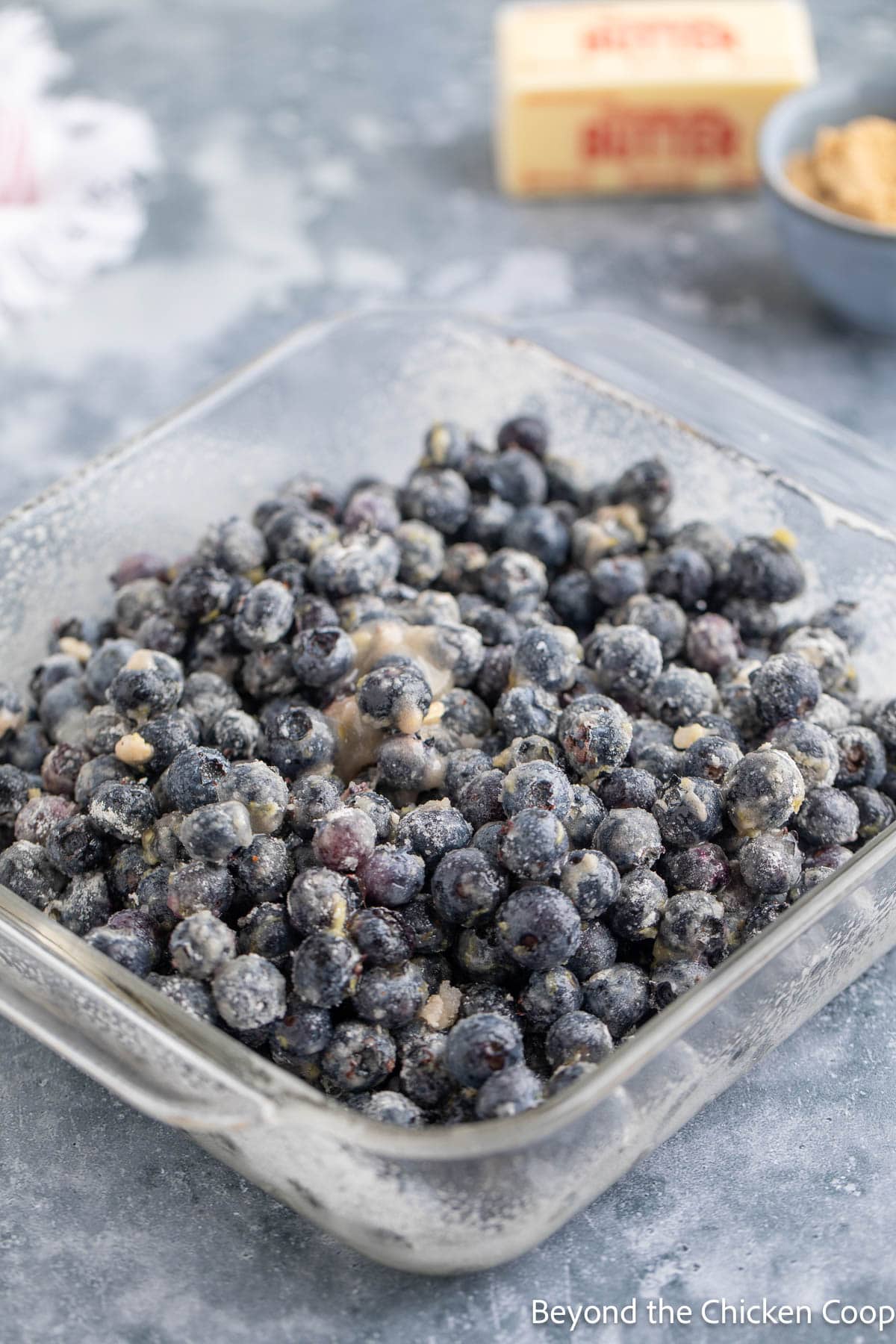 Blueberry filling in a baking dish. 