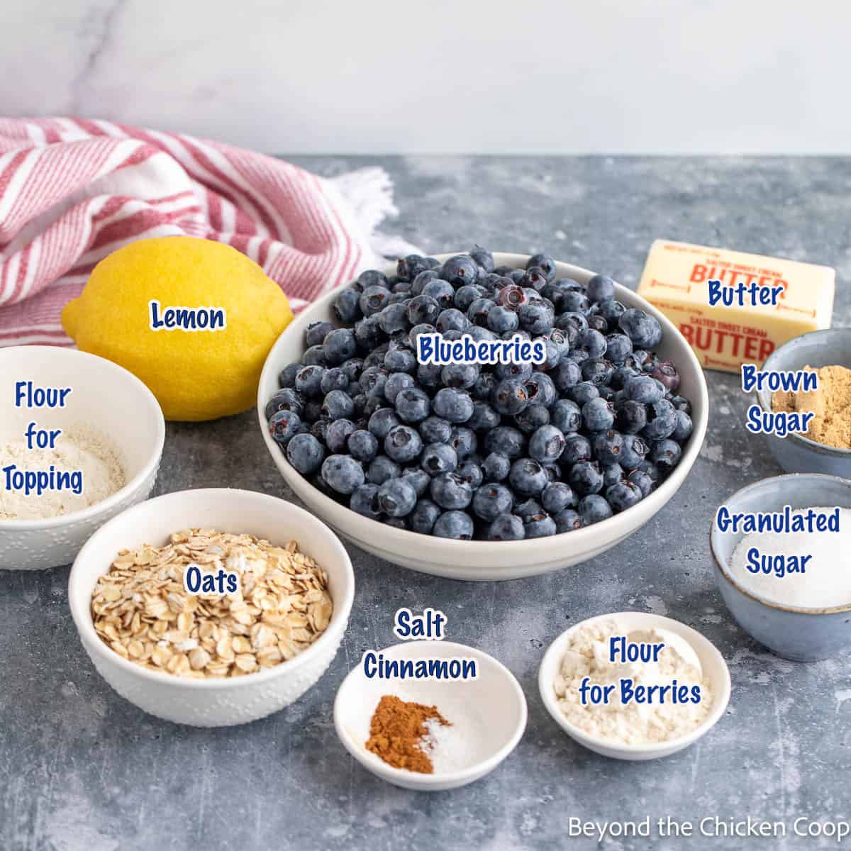 Ingredients for making blueberry crisp. 