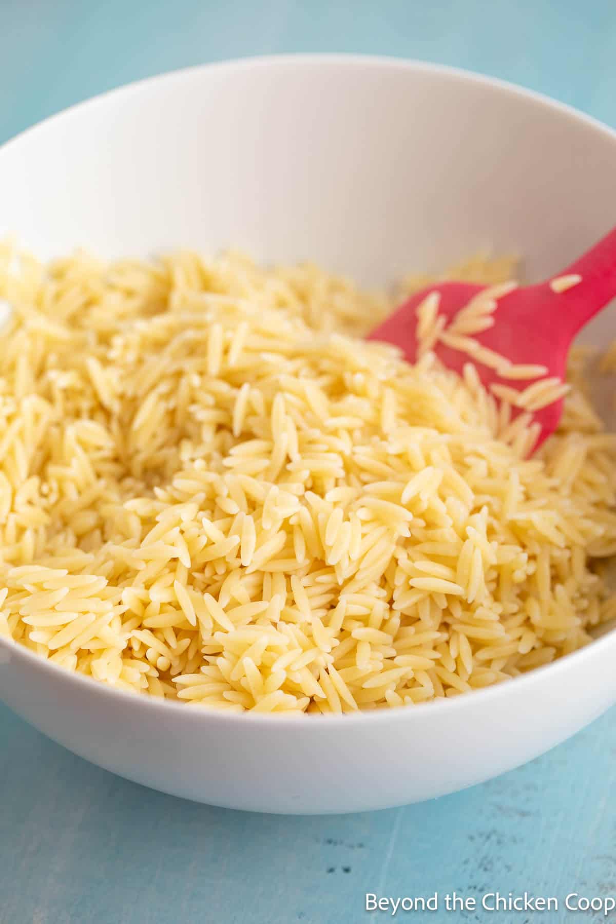 Cooked orzo pasta in a bowl. 