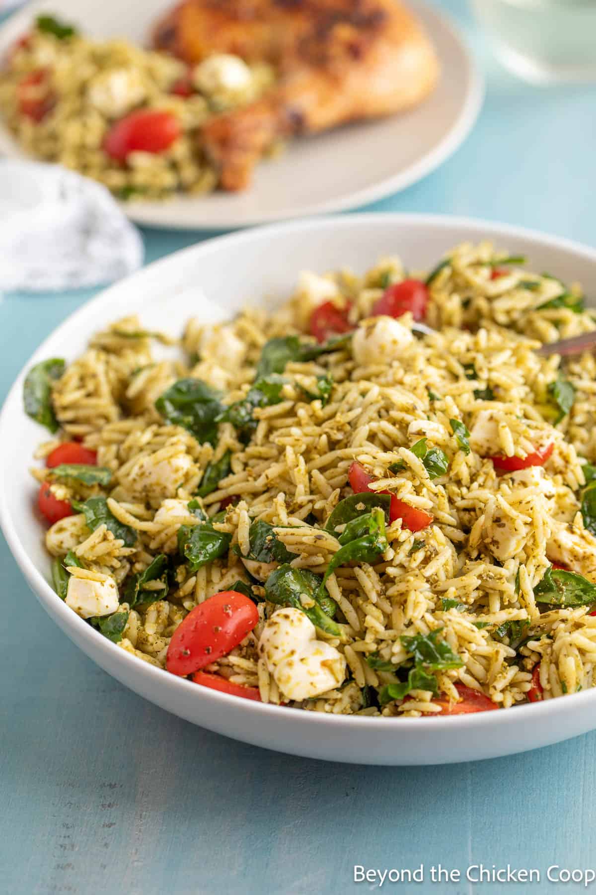 A white bowl filled with pasta salad with pesto and tomatoes. 