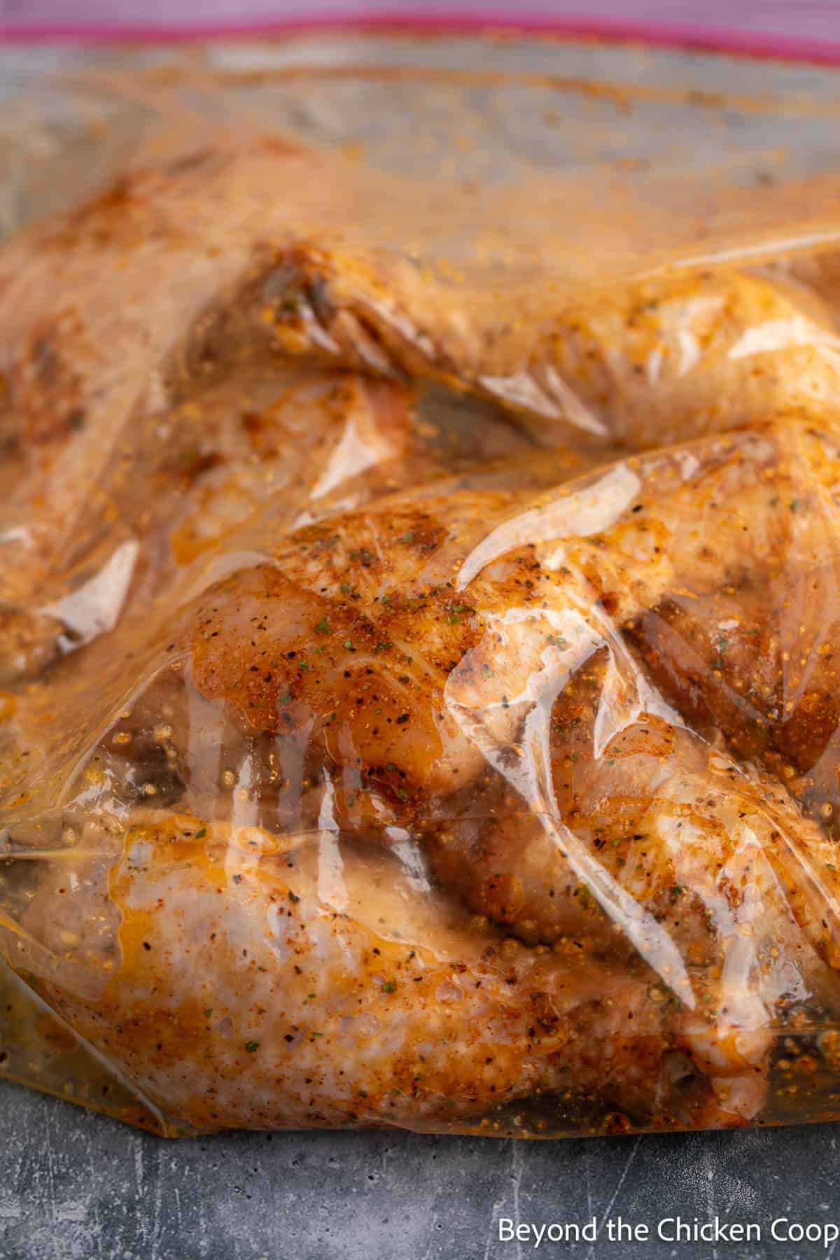 Mixed chicken with spices in a plastic bag. 