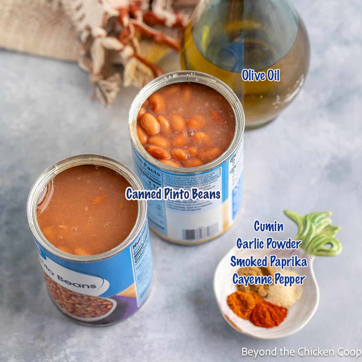 Canned beans, olive oil and a small bowl filled with spices on a counter. 