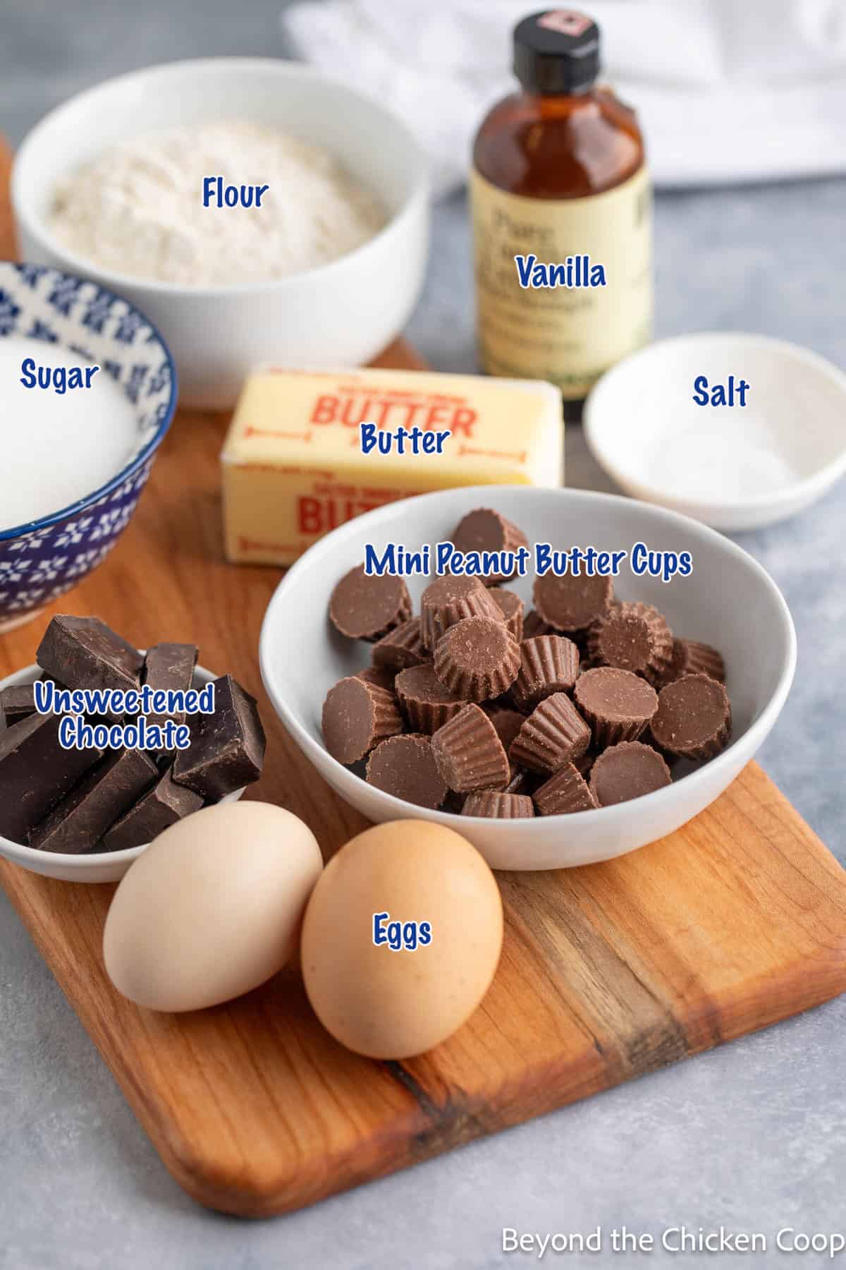 Ingredients for making peanut butter brownies. 