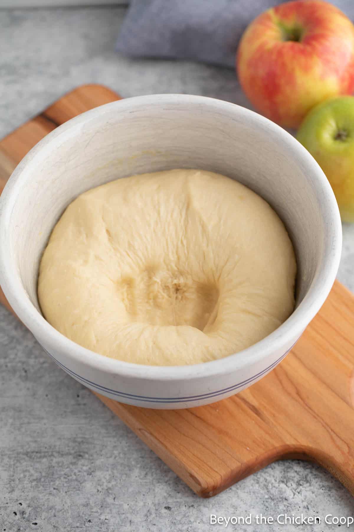 Deflated yeast dough in a bowl. 