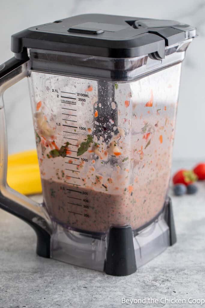 Pureeing fruit and vegetables in a blender for a smoothie.