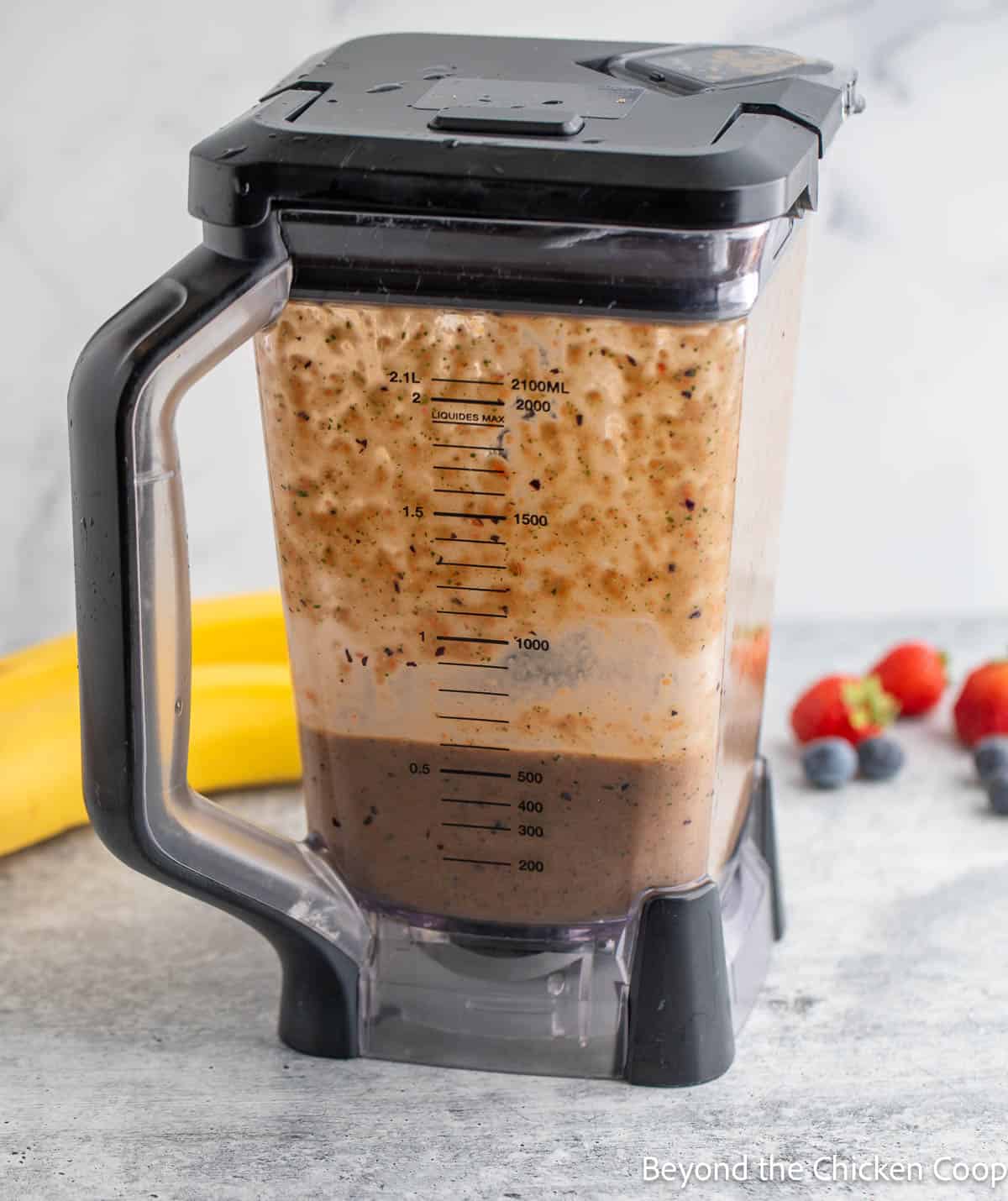 A fully mixed smoothie in a blender. 