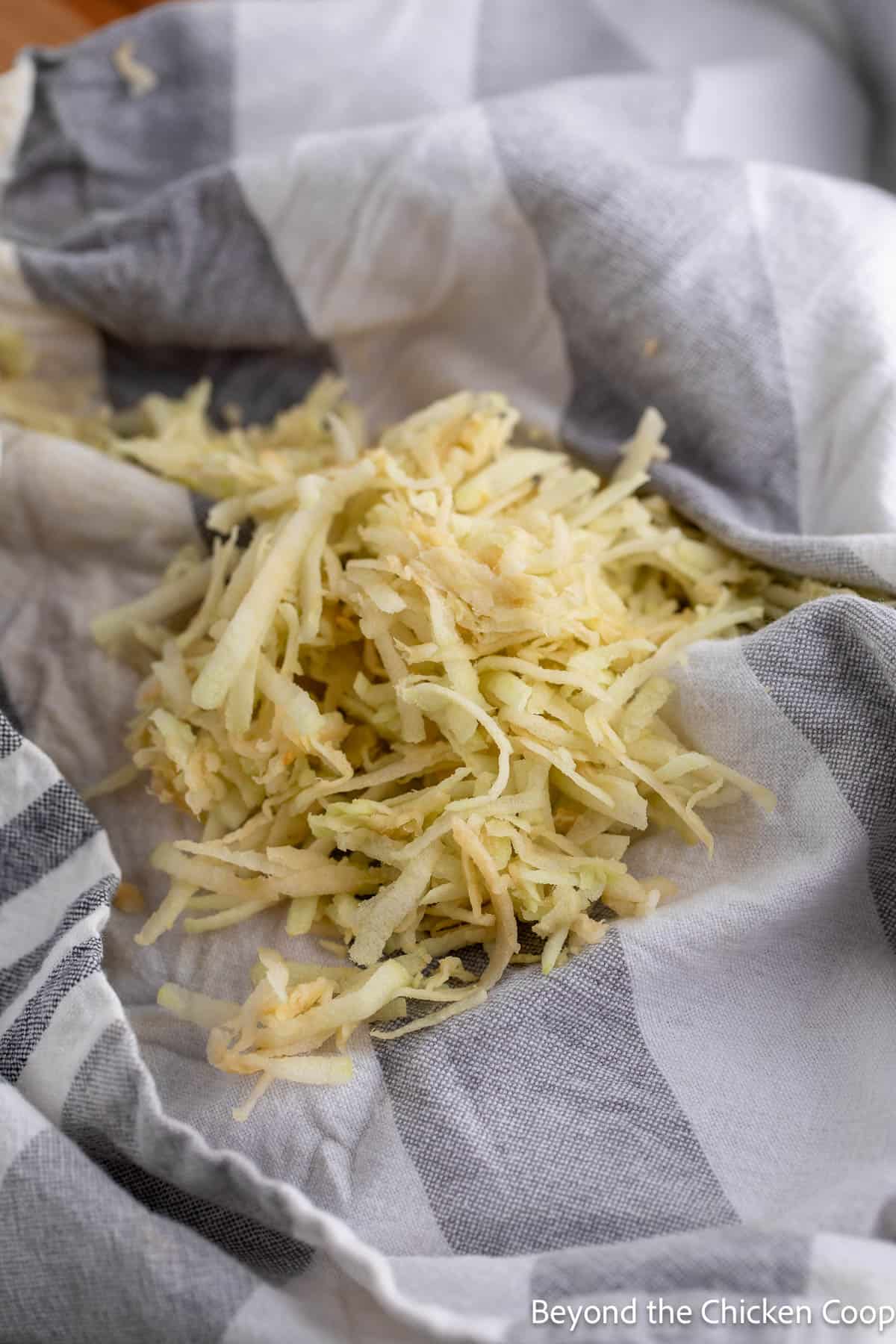 Grated apples on a dish towel. 