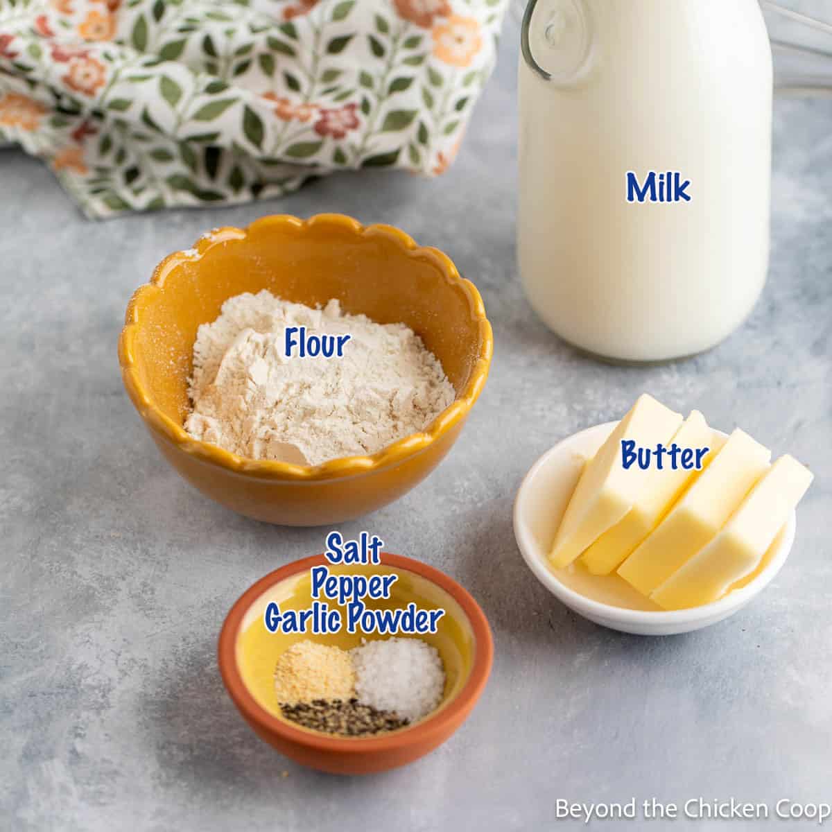 Ingredients for making a white country gravy.