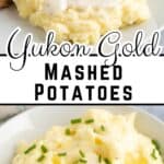 Mashed potatoes topped with gravy and mashed potatoes topped with butter and chives.