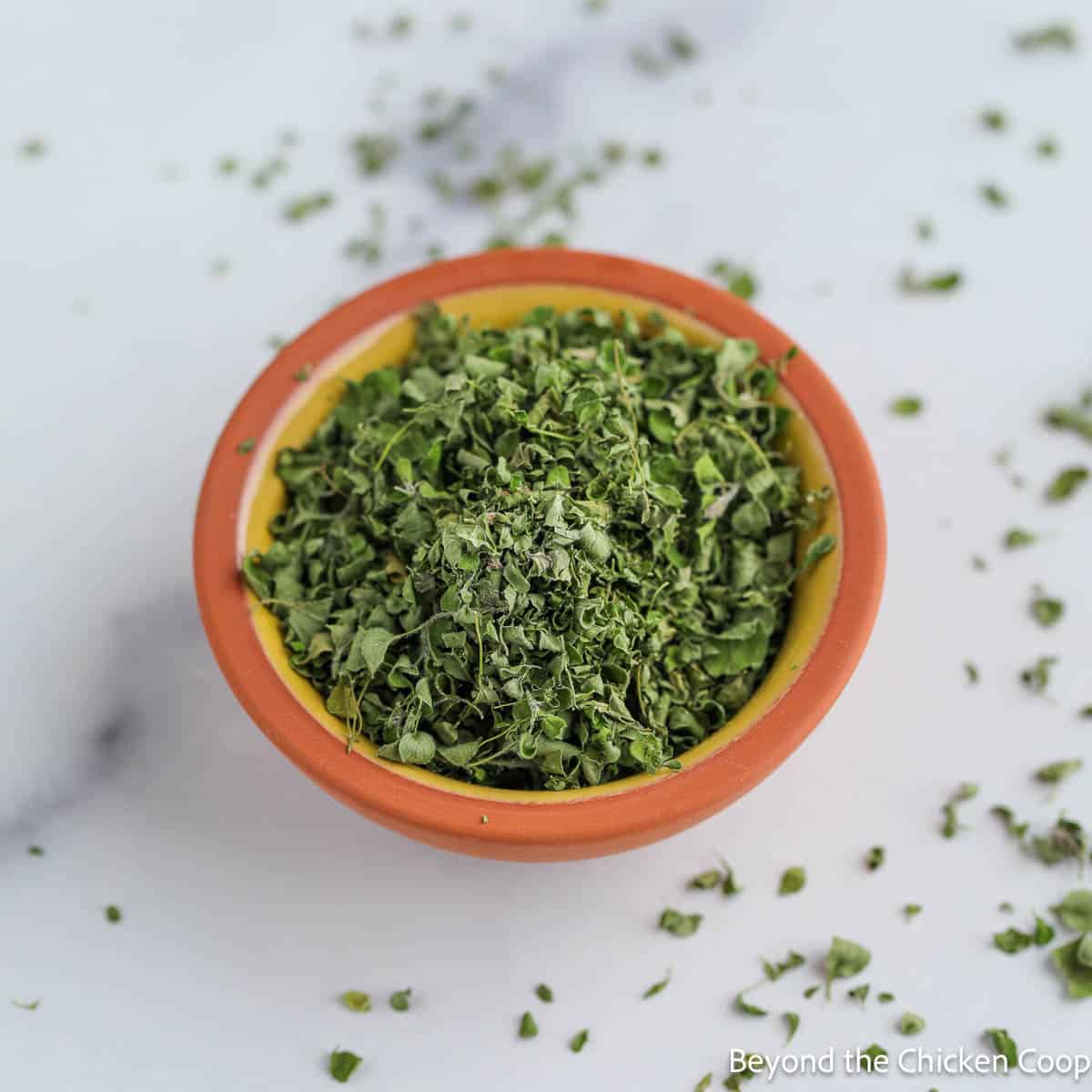Dried crushed oregano in a small bowl. 