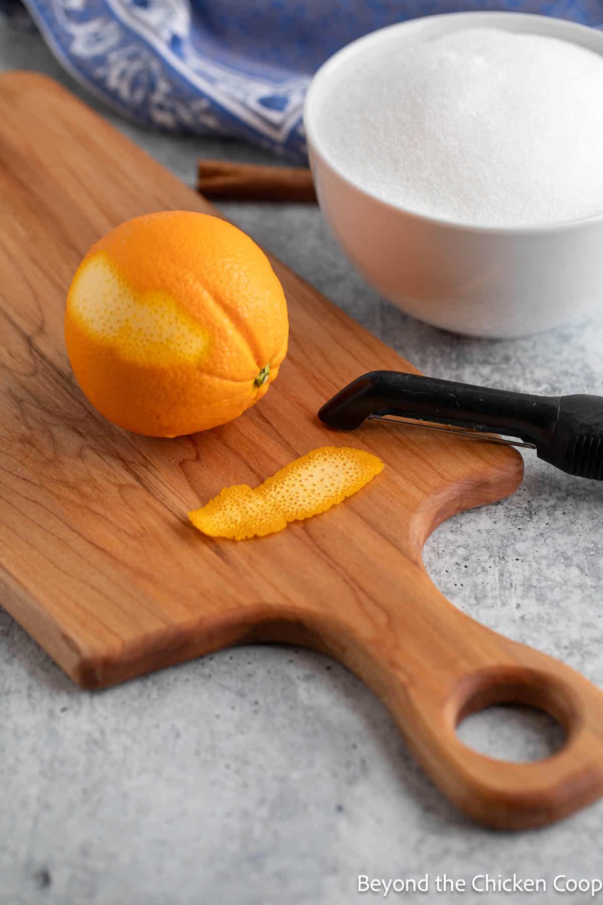 Orange zest peeled with a vegetable peeler. 