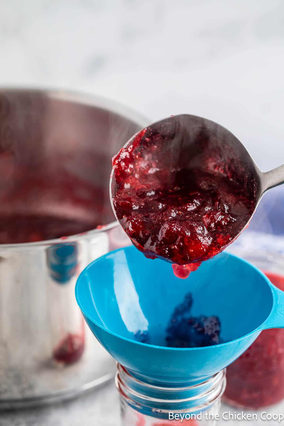 Ladling cranberry sauce into canning jars.  