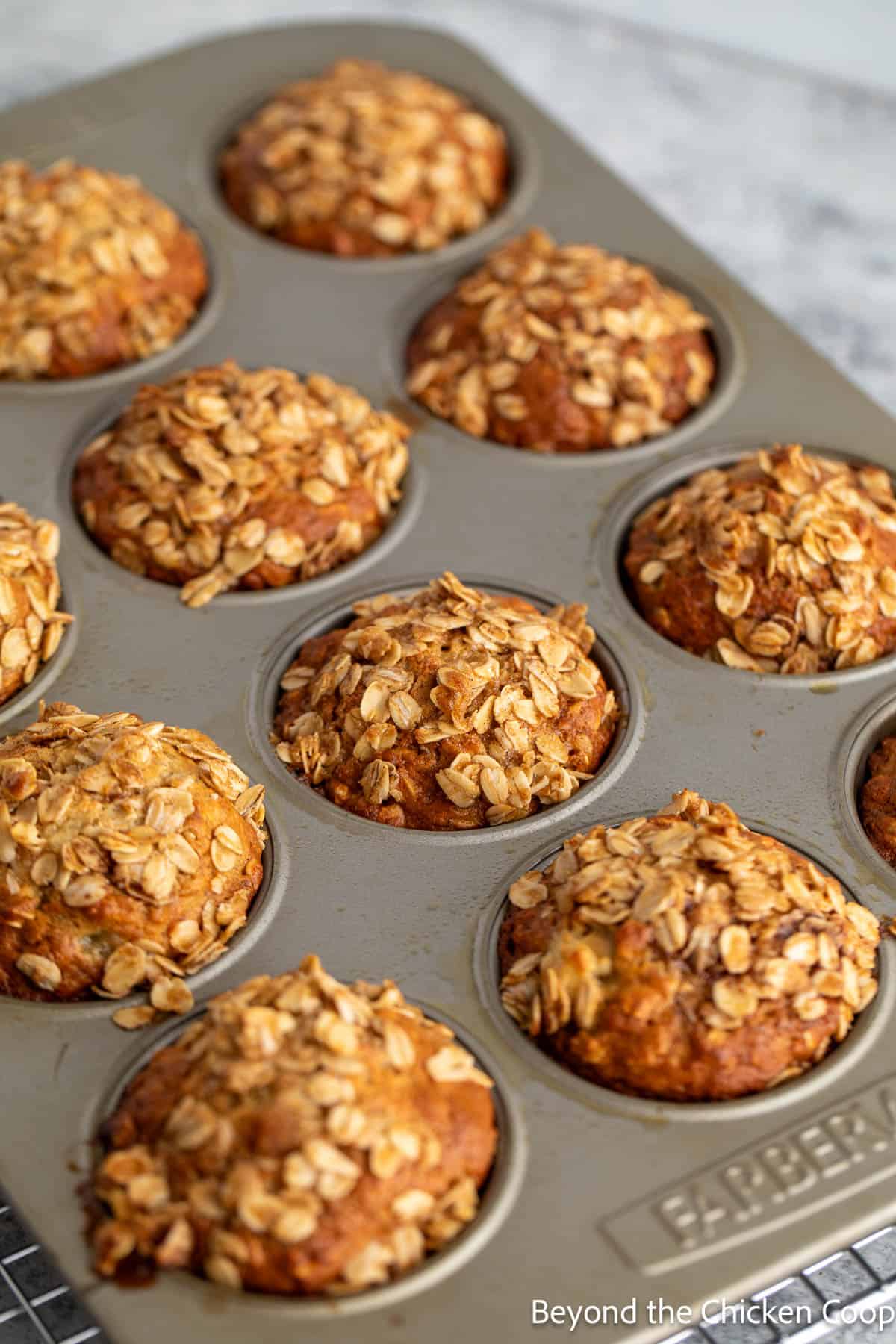 Baked oatmeal muffins in a baking tin. 