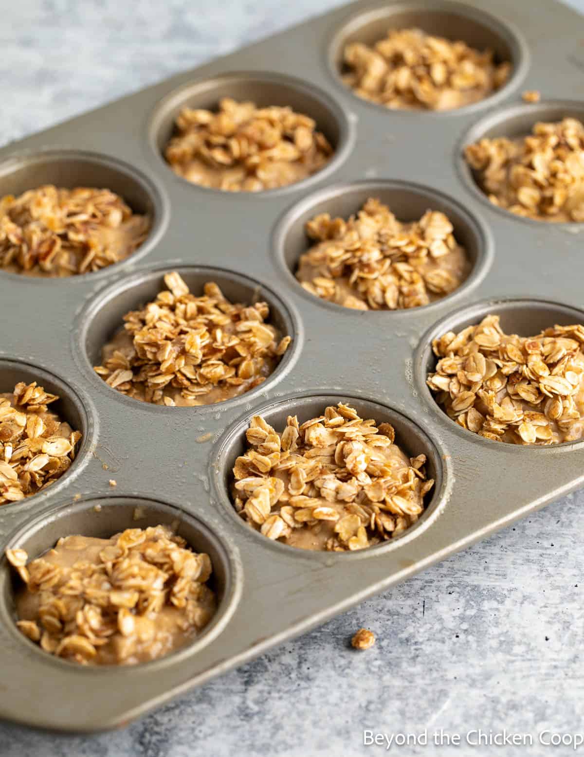 Unbaked oat muffins in a muffin tin. 