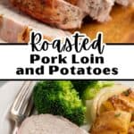 Sliced pork loin on a platter and on a plate with potatoes and broccoli.