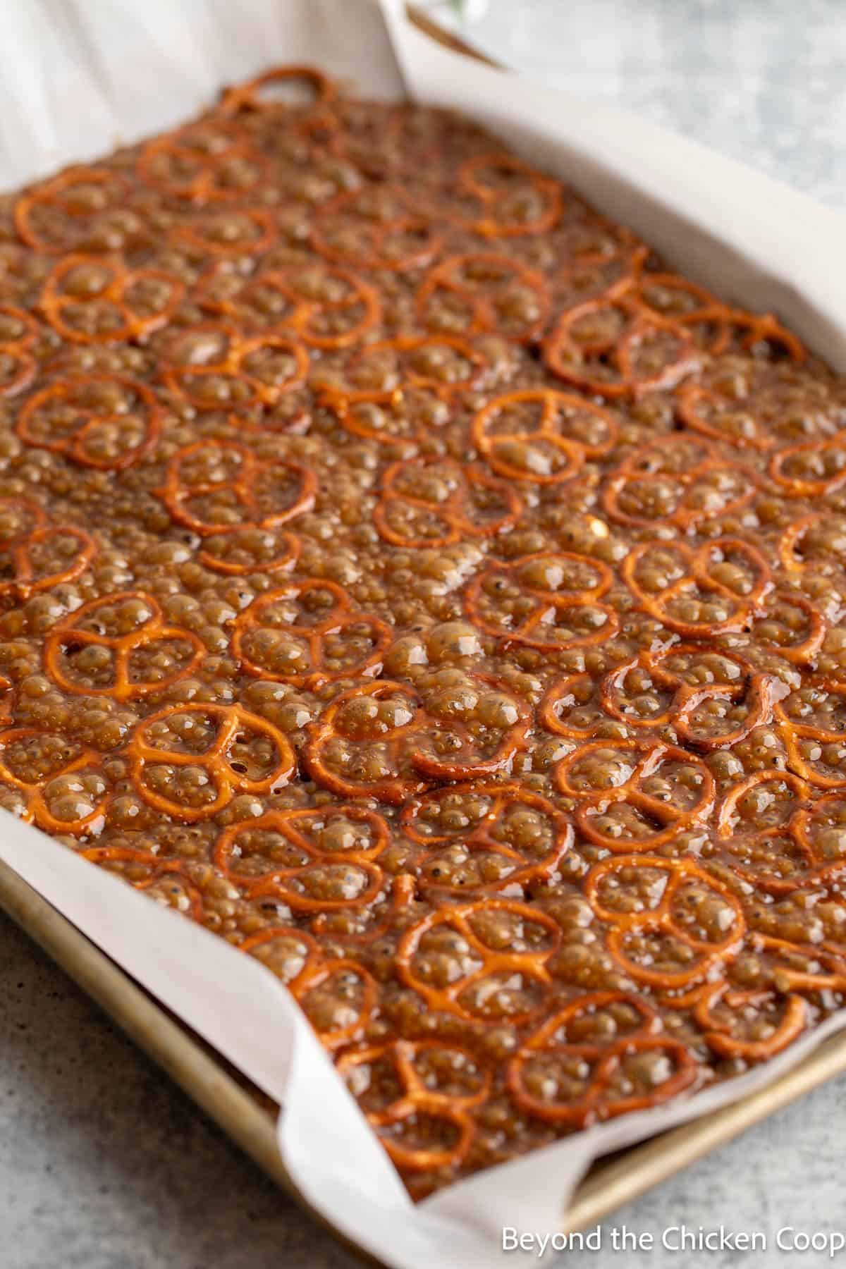 Pretzels with hot caramel on top. 