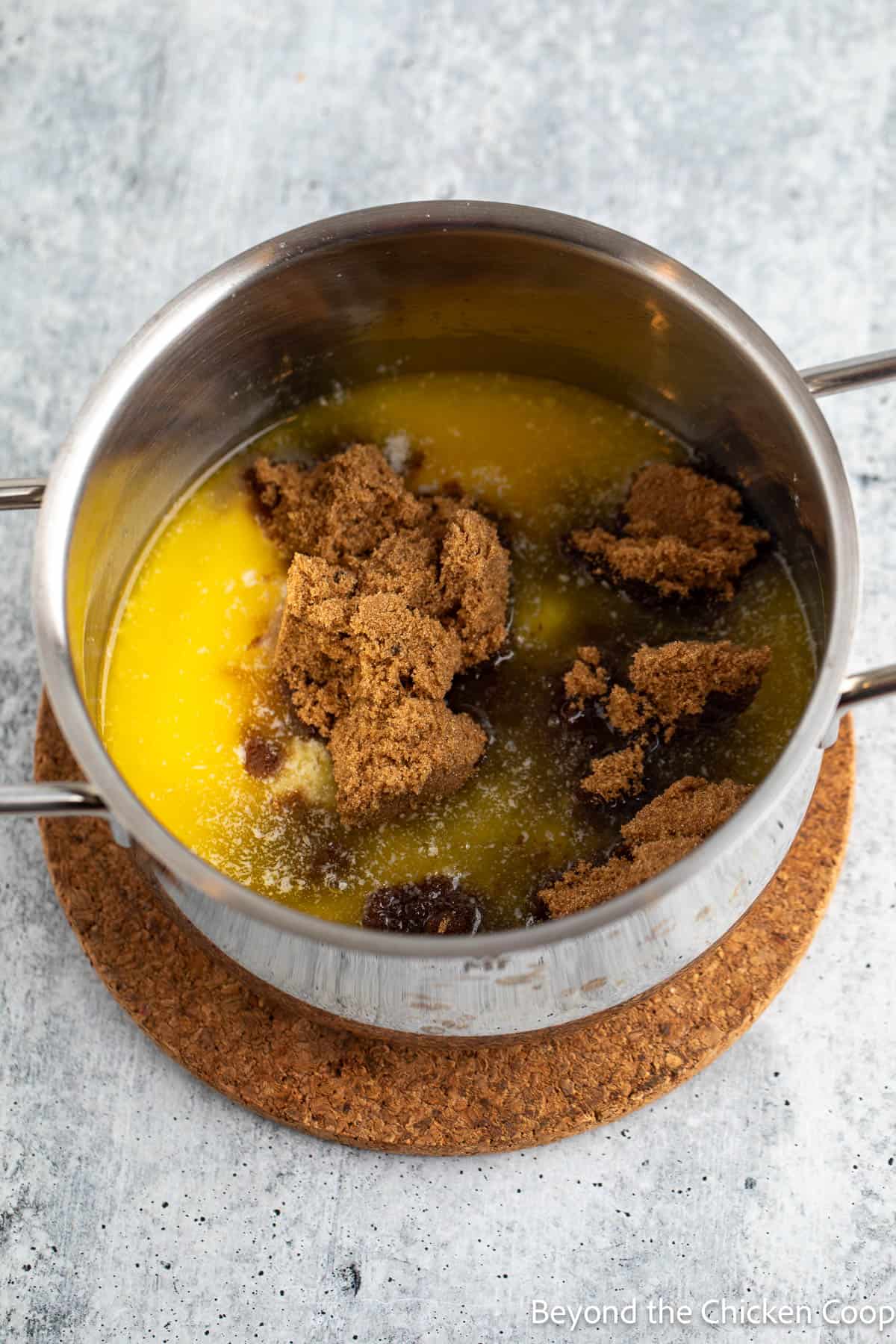 Butter and brown sugar in a saucepan. 