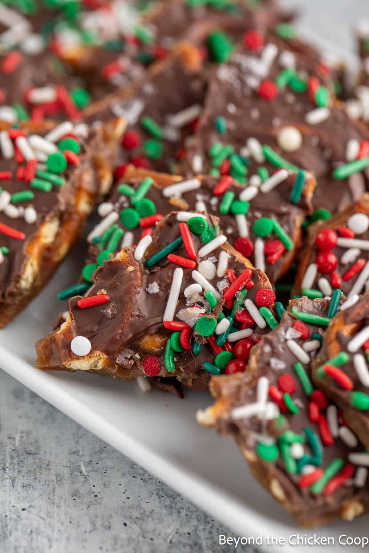 Salted Caramel Bark on a white plate. 