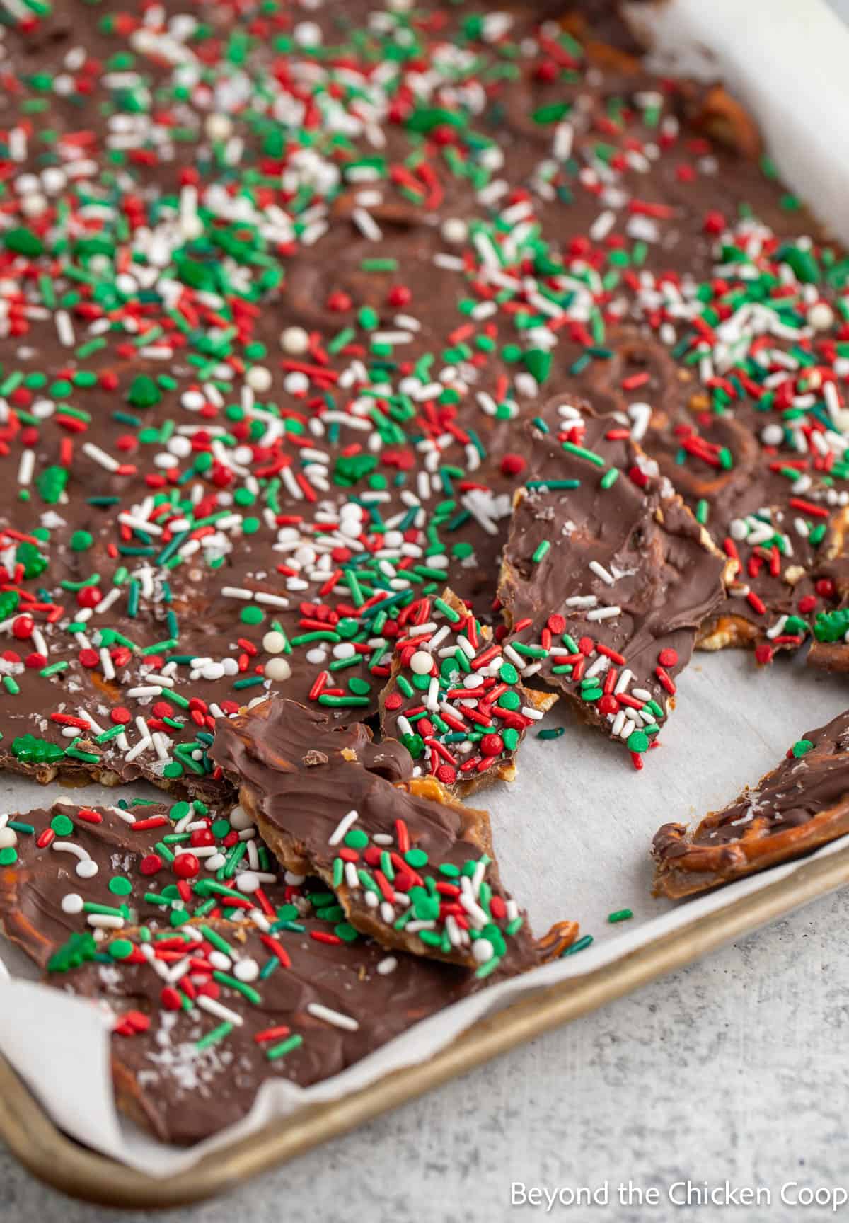 Breaking chocolate bark into pieces. 