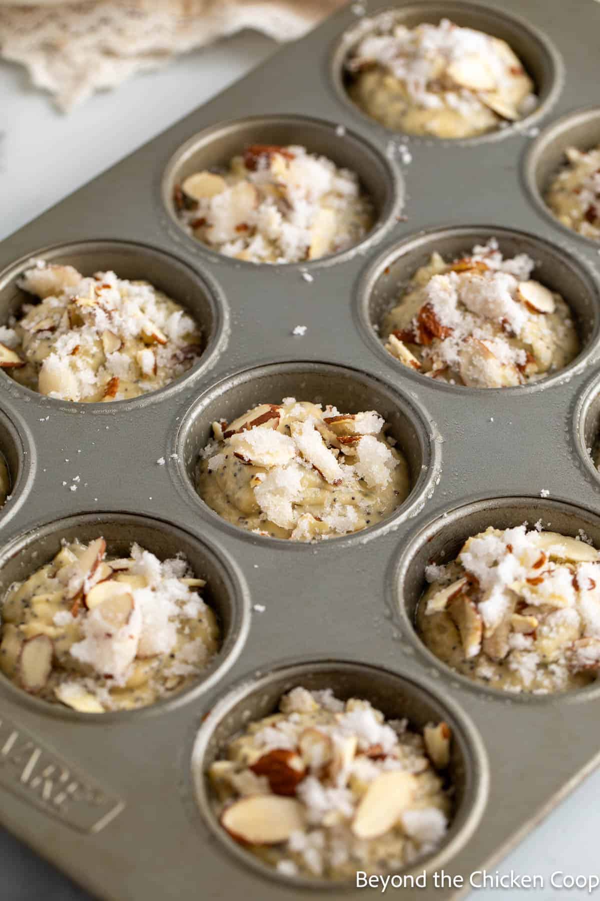 Muffins topped with almond slices ready to be baked. 