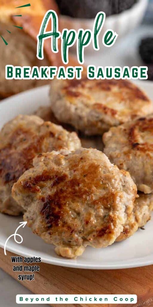 Sausage patties on a white plate.