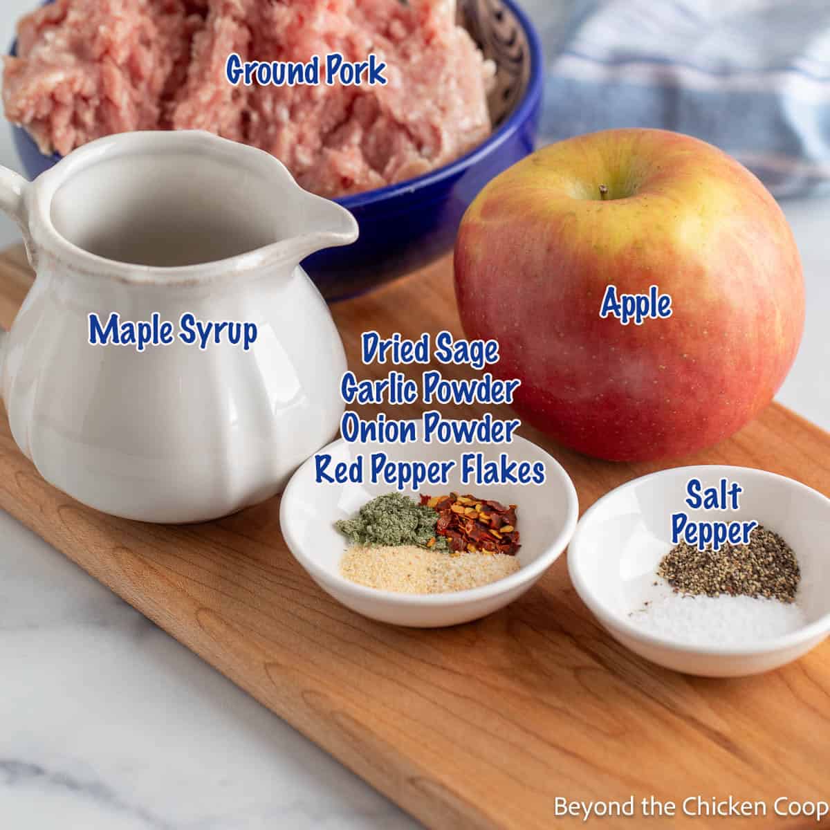 Ingredients for making pork breakfast sausage with apples. 