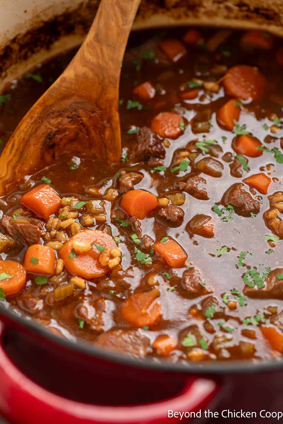 Barley soup with beef and carrots in a pot with a wooden spoon.