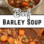 Beef soup with barley and carrots in a bowl.