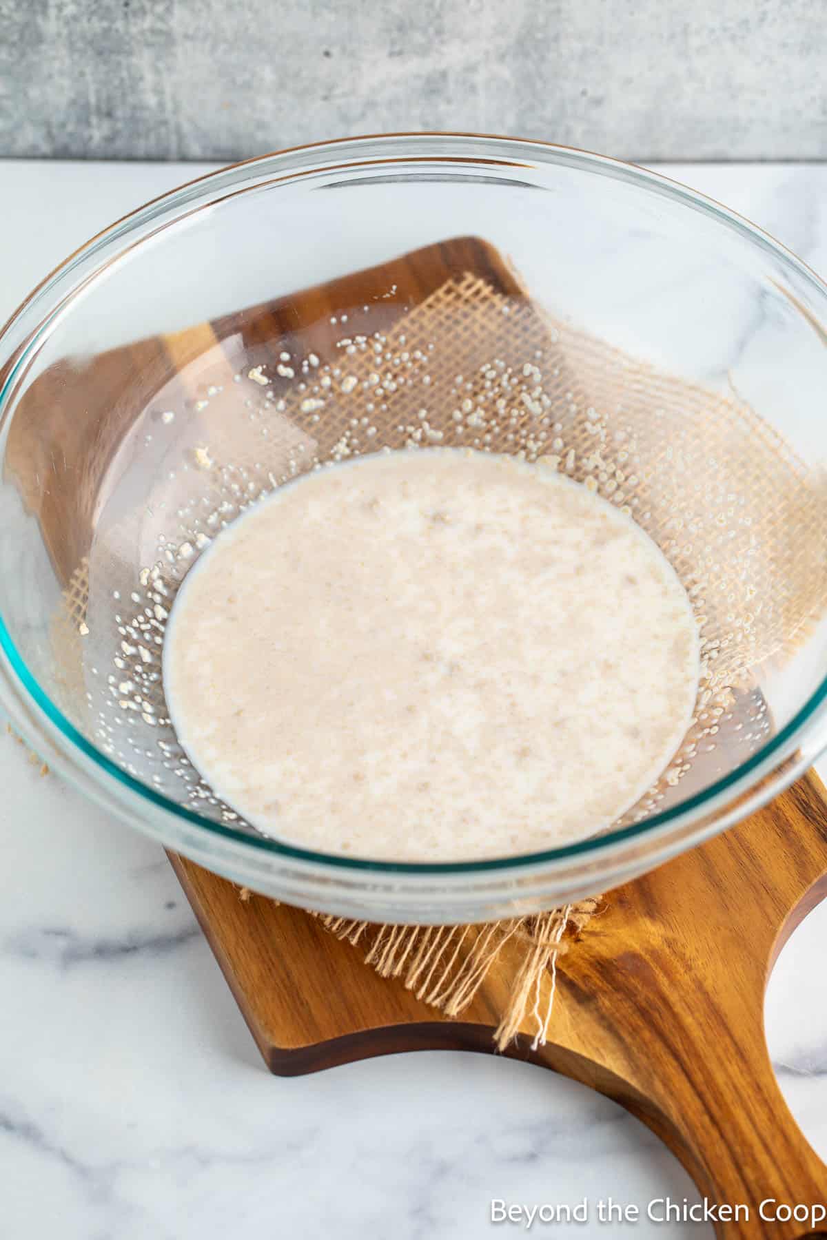Activating yeast in a bowl of milk. 