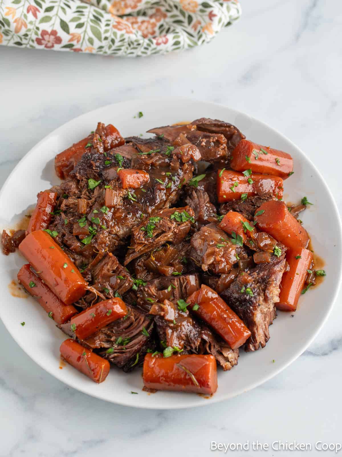 A plate filled with tender chuck steak with chunks of carrots. 