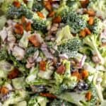 Broccoli salad topped with bacon bits.