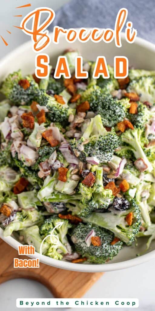 Broccoli salad topped with bacon bits.