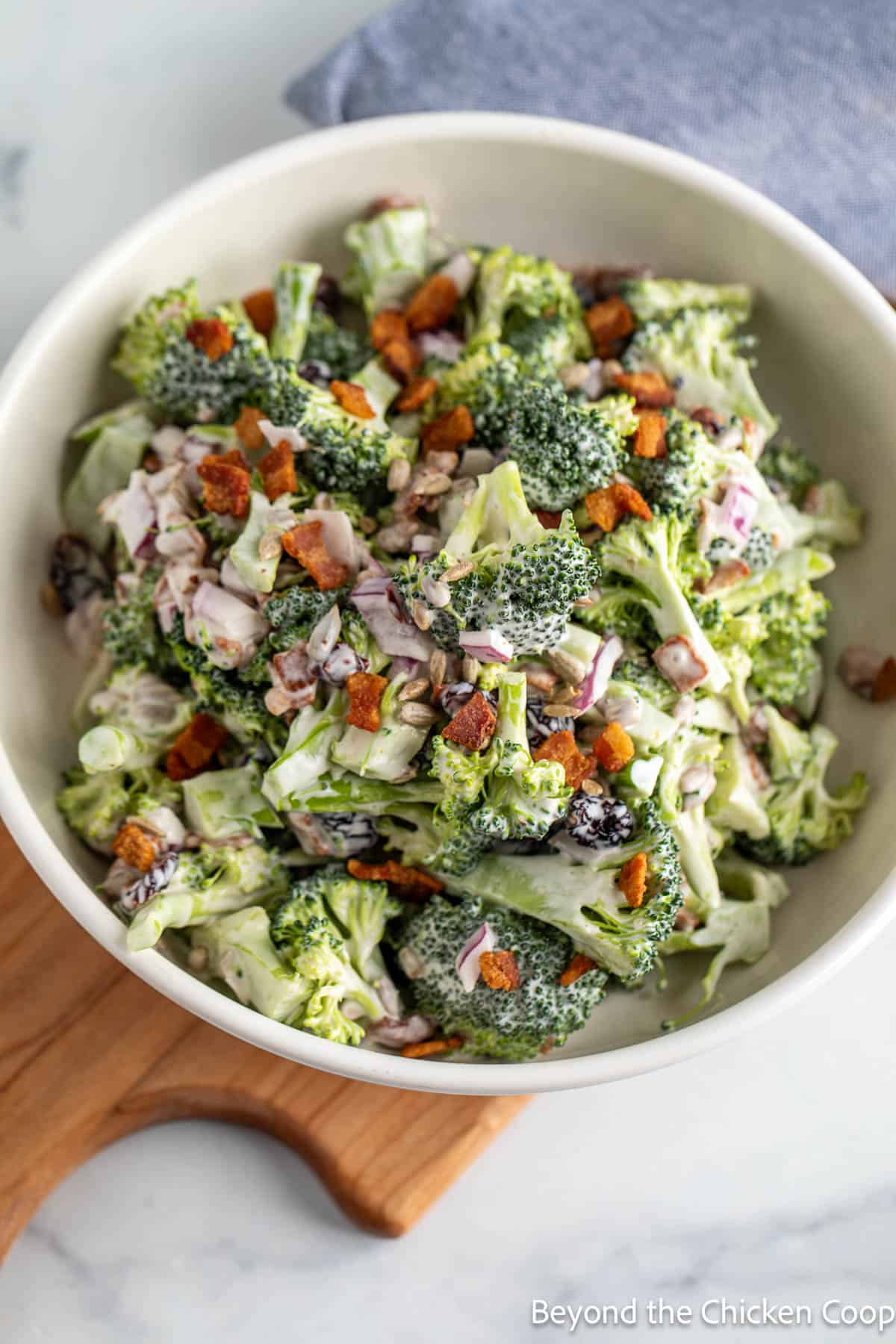Broccoli topped with a dressing and bacon bits. 