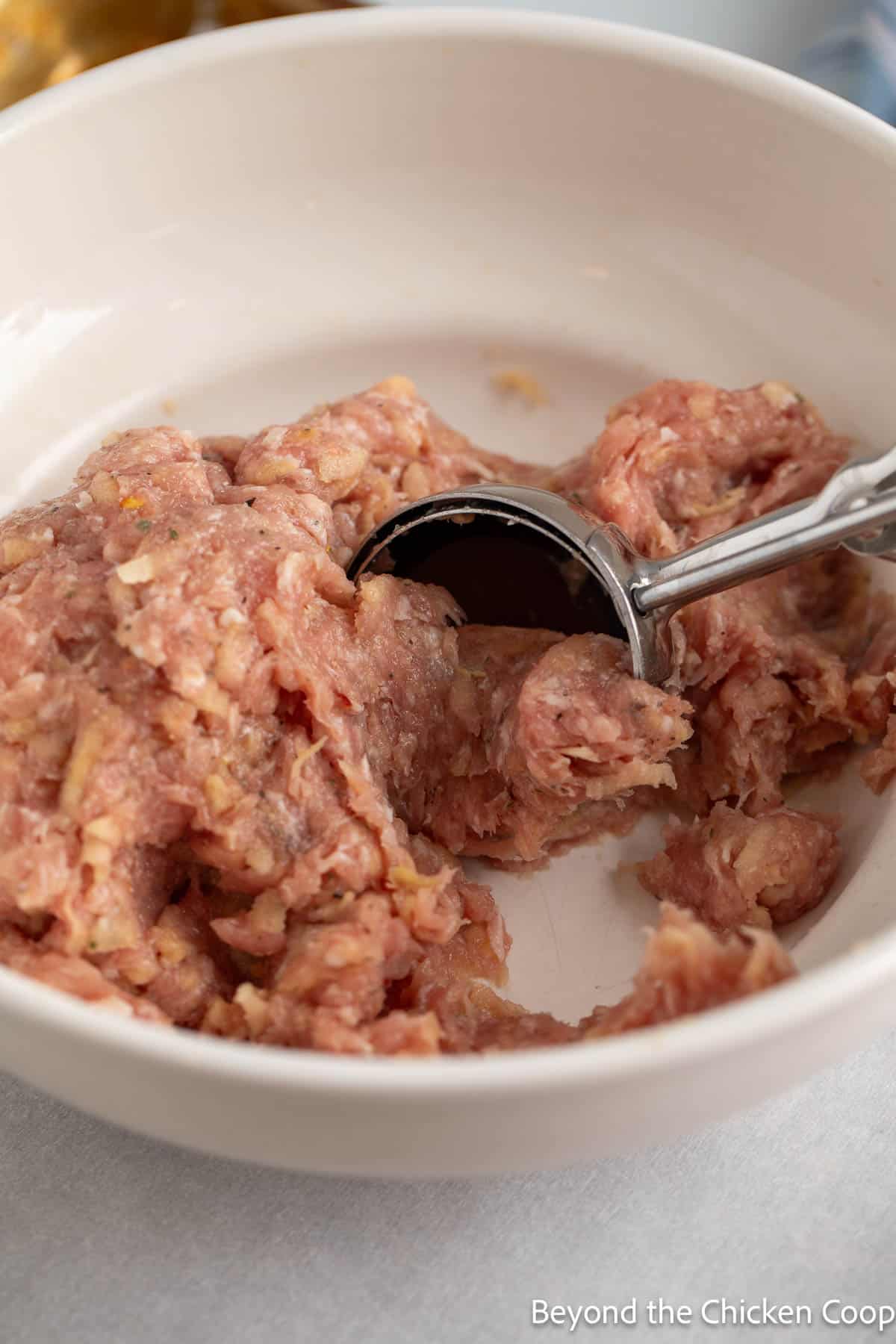 Scooping sausage mixture with a scooper. 