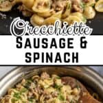 Pasta with sausage and spinach on a black plate and in a skillet.