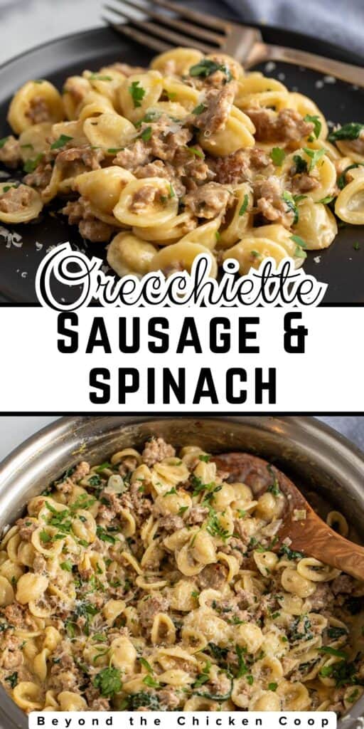 Pasta with sausage and spinach on a black plate and in a skillet.