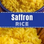 Yellow rice in a blue bowl.