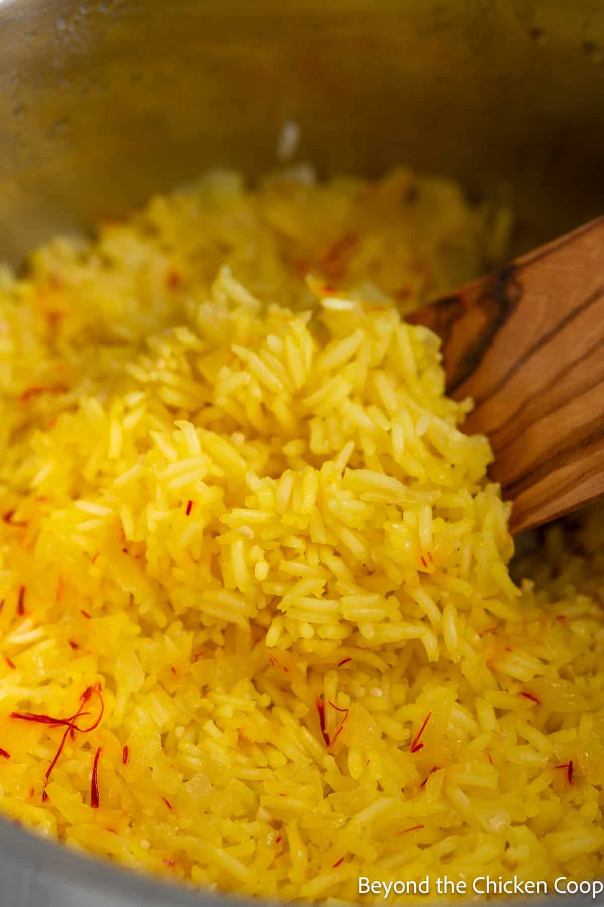 Jasmine rice with saffron in a pot.